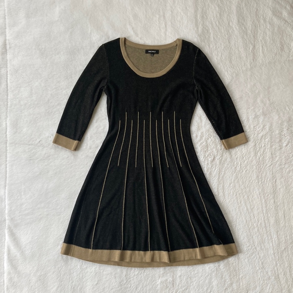 Nine West Black Dress with Tan Trim Long Sleeve Fit-and-Flare